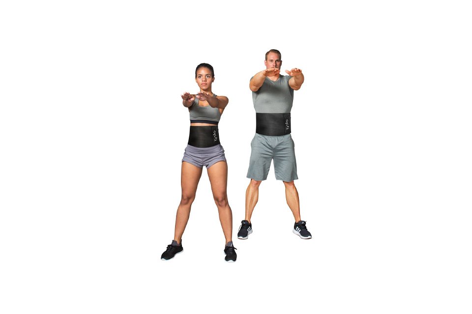 A woman and a man wearing Opti Slimmer Belt in black.